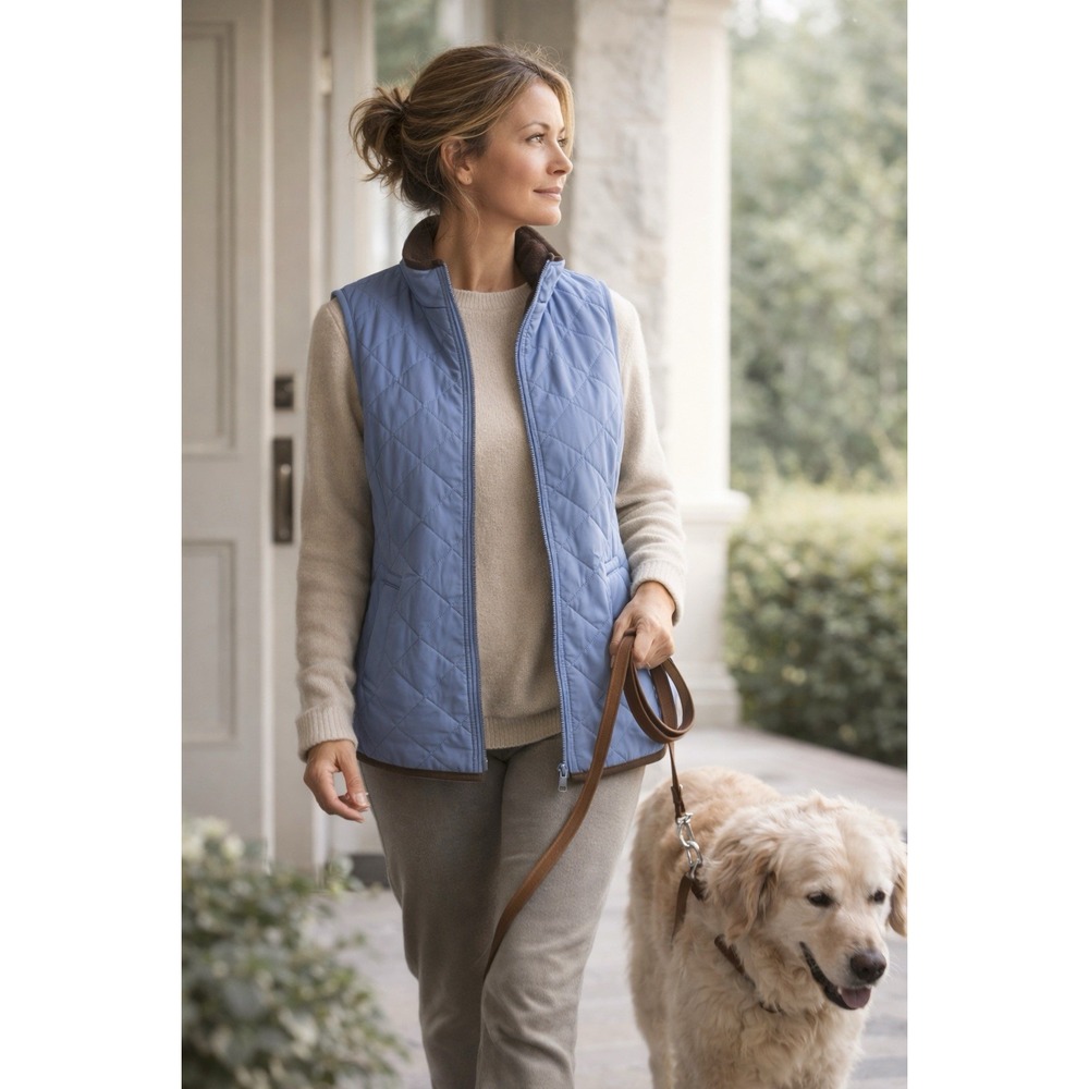 MAGASCHONI Womens‎ Quilted Vest L Blue Fleece Lined Zip Front Layering